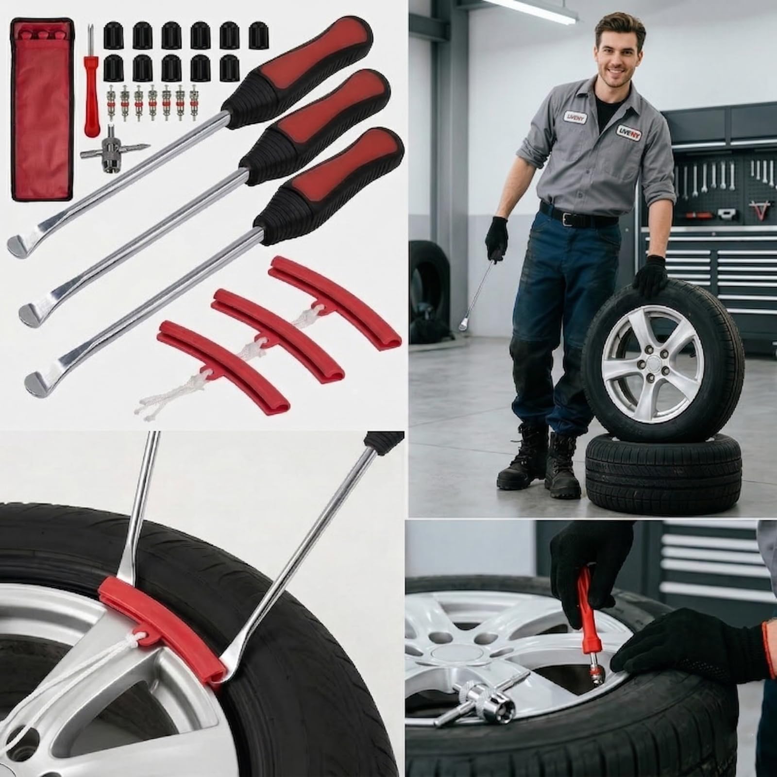 Set Combinato da 30 Pezzi di Leve Smontagomme Strumenti per il Montaggio di Pneumatici per Moto, Biciclette e Scooter Leve Smontagomme (a Cucchiaio) con Leve Portatili e 9 Protezioni per Cerchi