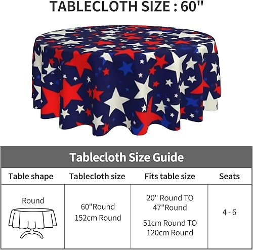 Miniatura 4 de Mantel redondo de 60 pulgadas, mantel de estrellas rojas y blancas (apto para mesa de 20 a 47 pulgadas) para cenas, reuniones familiares, decoración