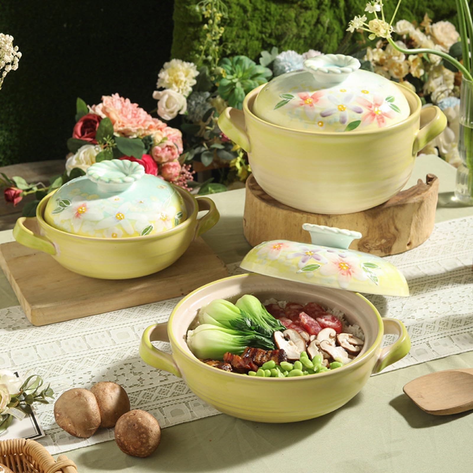 Casseruola in ceramica con coperchio, pentola antiaderente, pentola rotonda con manico, pentole in terracotta da 1,3 l per zuppe e vapore