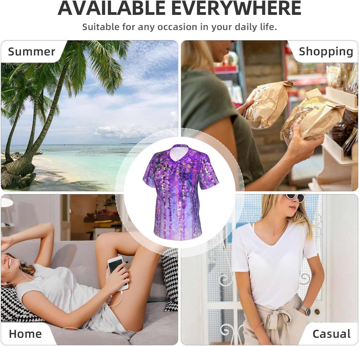 Womens Floral Tree Print Short Sleeve V Neck T-Shirts Casual Breathable Tee Basic Summer Tops 2026