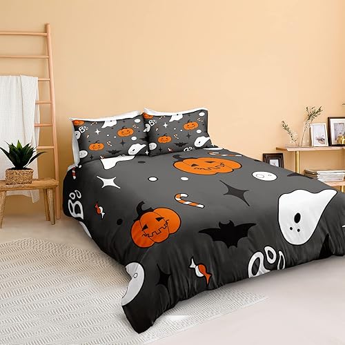 Miniatura 18 de Pumpkin Bedding Halloween Duvet Cover Set Funny Evil Pumpkin Pattern Design Black Halloween Bedding Set Queen 1 Duvet Cover 2 Pillowcases