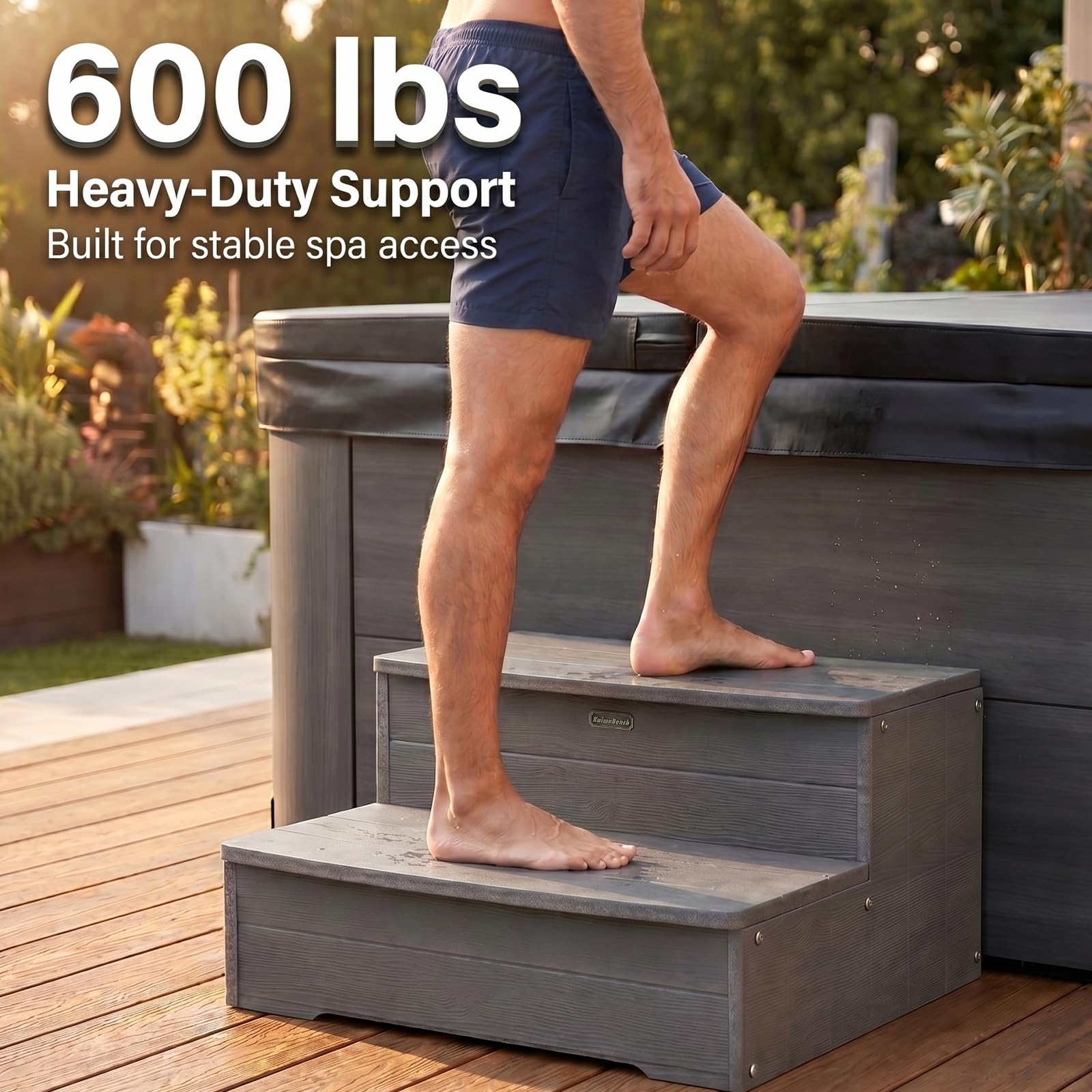 KaimuBench 63,5 cm große Whirlpool-Stufen, HDPS-Whirlpool-Treppe, wasserdicht, rutschfest, für den Außenbereich, Mehrzweck-Treppe, Holzoptik und strapazierfähig, Grau, Tragkraft: 272 kg
