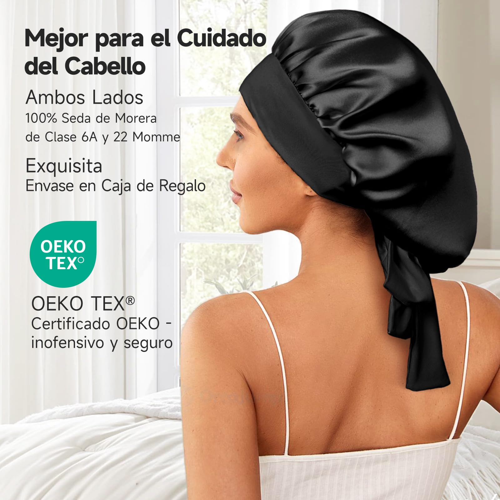 Umisleep Gorro de Seda para Dormir, 22 Mommes, Gorro Nocturno de Seda de Morera, Doble Seda Suave para Cabello Rizado, Transpirable, Banda Ancha Ajustable para Fijar en la Cabeza, Negro