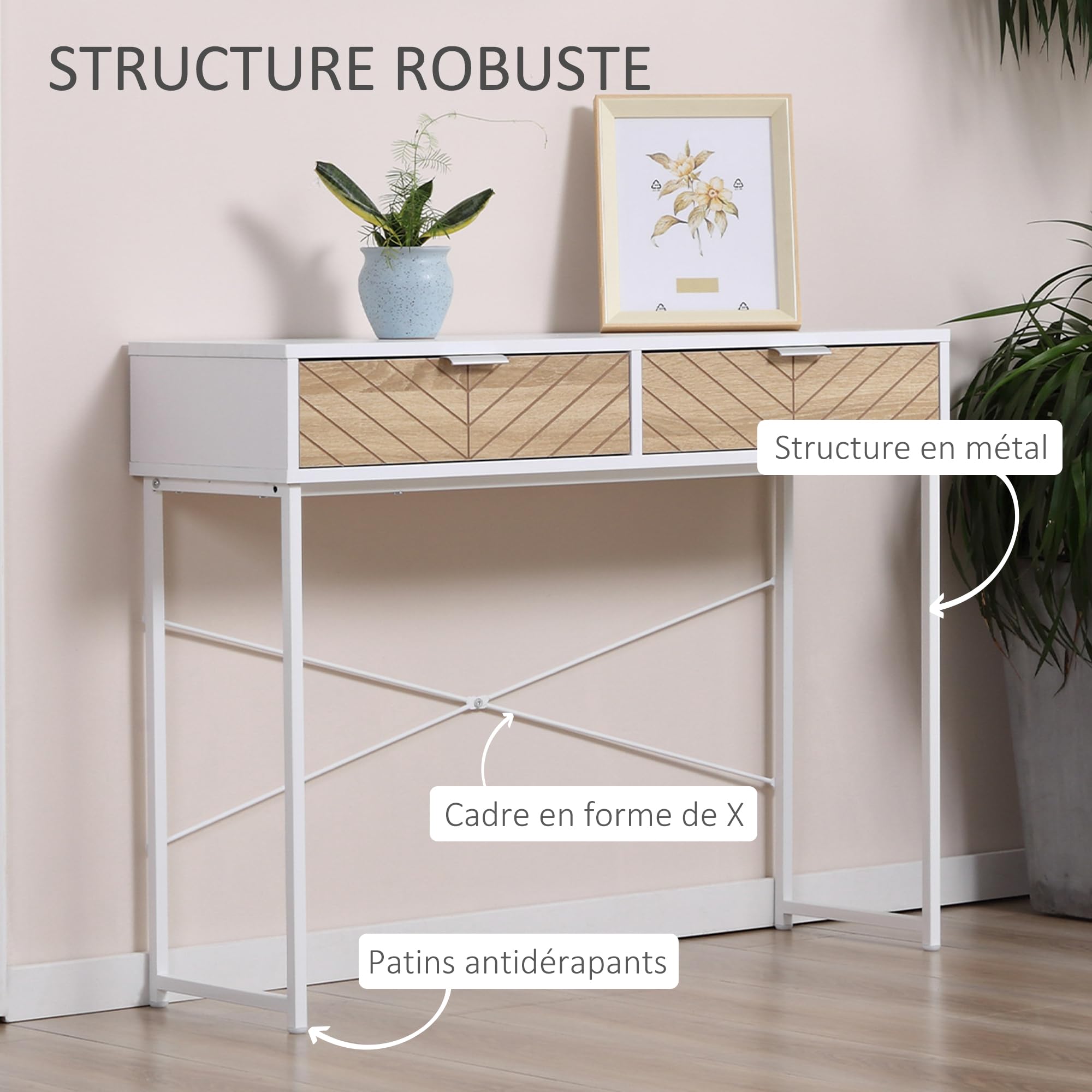 HOMCOM Table Console Industriel 2 Tiroirs Chêne Piètement Métal Blanc