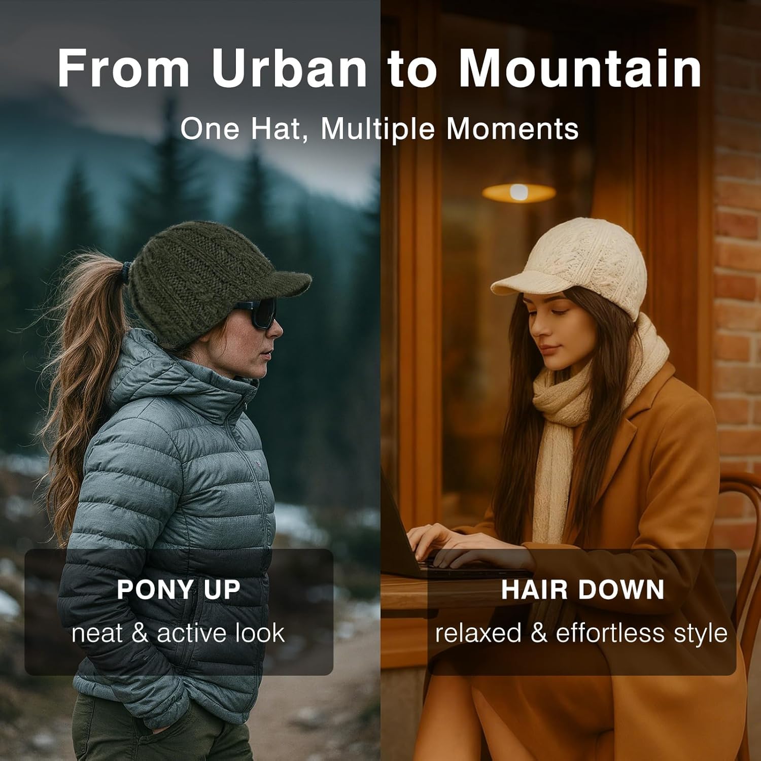 ChicPony™ Merino Wool Visor Ponytail Beanie with Brim Fleece Lined 3 Bun Openings Hole Warm Windproof Knit Cap Winter Hat - Image 5