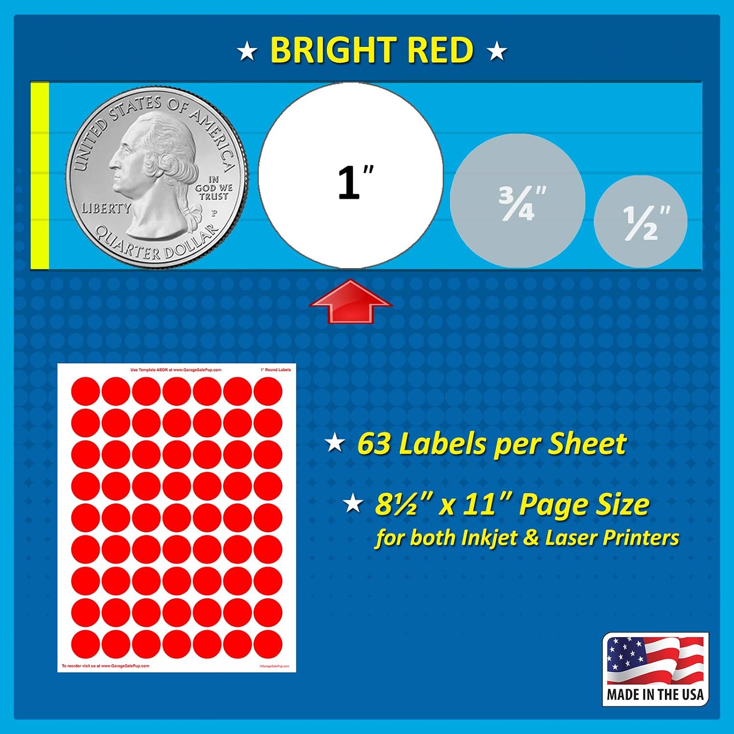 Pack of 1008 1" Round Color Coding Circle Dot Labels, Bright Red, 8 1/2" x 11" Sheet, Fits Any Printer