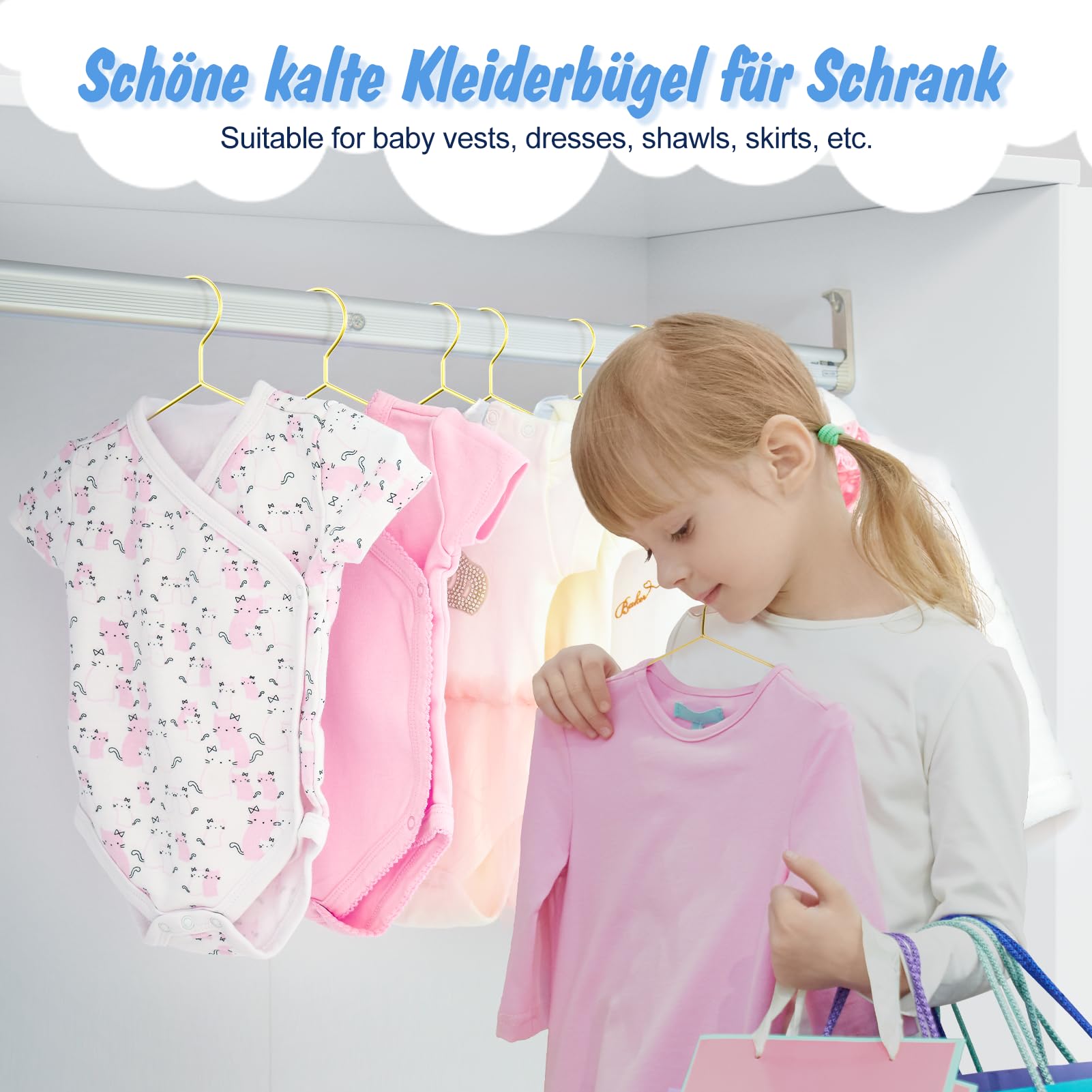 SPECILITE Kinder/Baby Metall Kleiderbügel, Gold 30 Stück(30 cm Breit), Stabile Bügel Metalldraht, für Babykleidung, Kleiderschrank, Garderobe, Platzsparend, mit Einkerbung