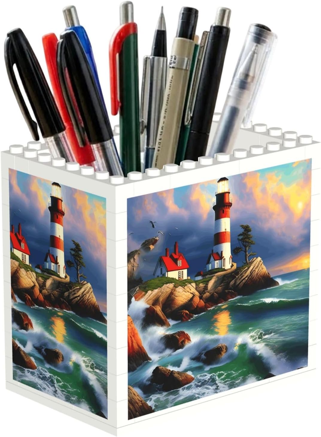 Lighthouse Diamond Painting Print Uv Print Block Pencil Cup, Detachable Creative Block Desk Organizer Office Abs Pen Holder
