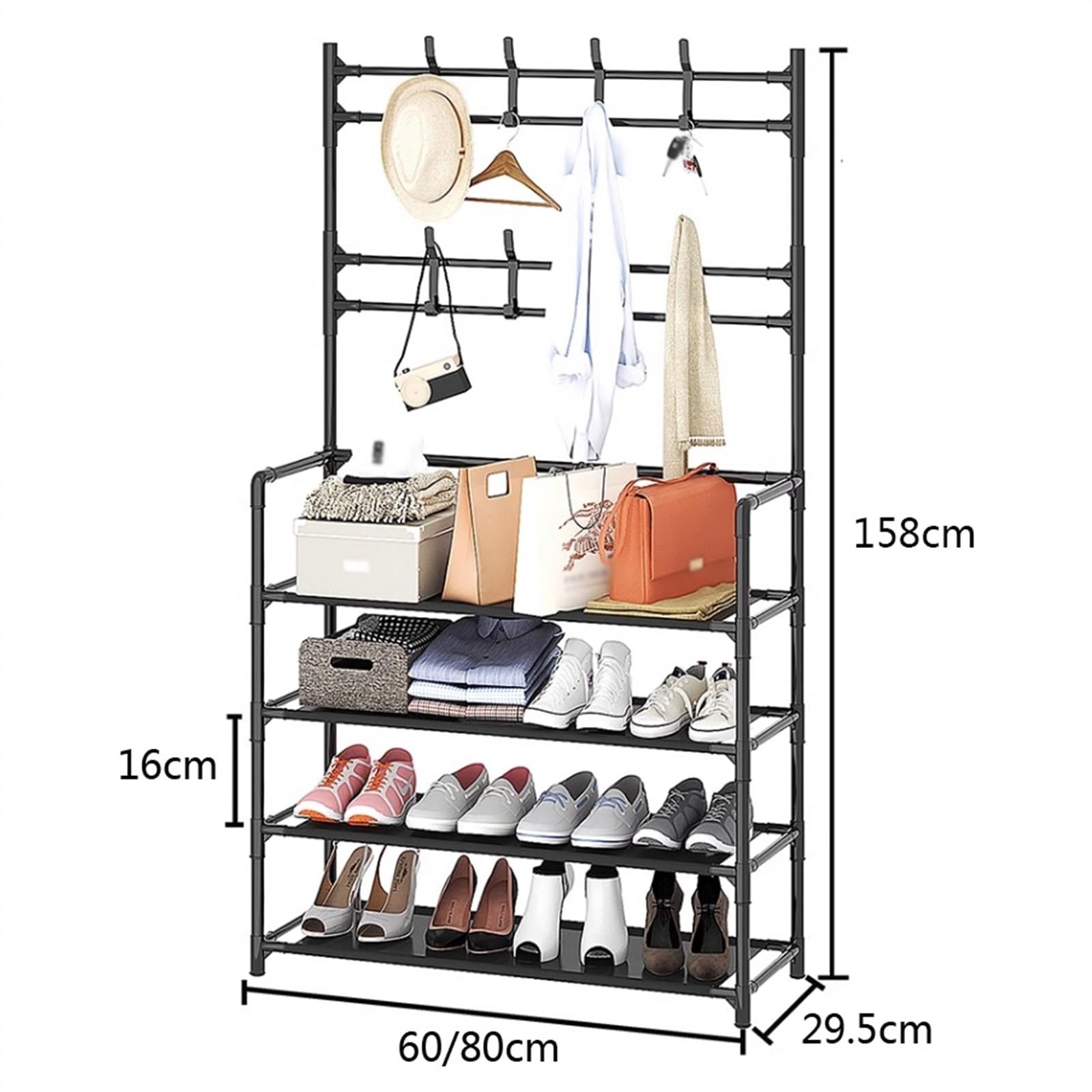 Półka na buty w przedpokoju 5-poziomowy wieszak na ubrania i buty, w przedpokoju z 8 haczykami, wielofunkcyjny metalowy organizer do biura sypialni, czarny(80cm)