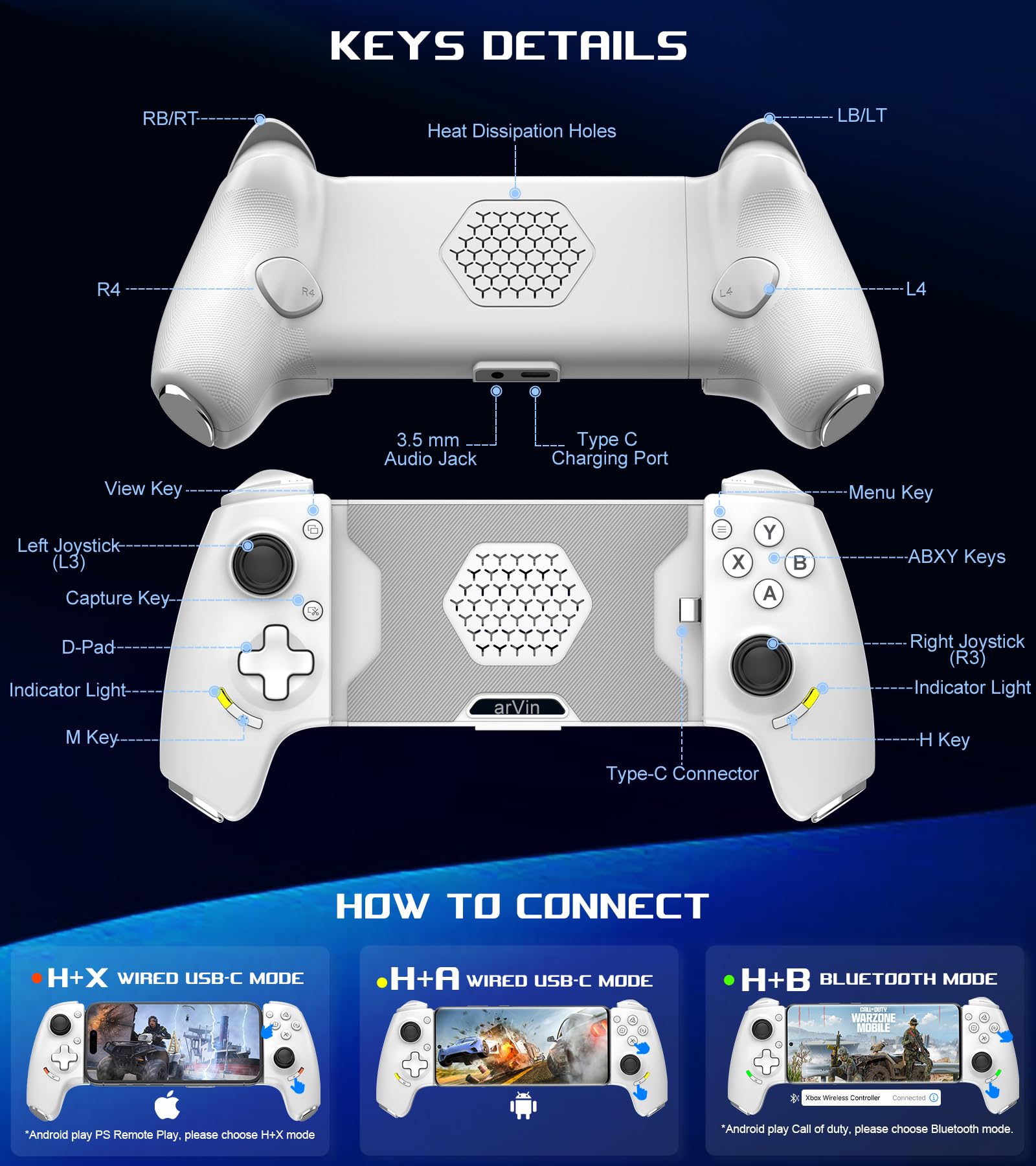 Controller di gioco mobile per Android e iPhone serie 15/16 (USB-C) PS Remote Player Gamepad per PS5/PS4/Xbox/PC con joystick Hall/Hall Trigger/jack audio da 3,5 mm/controller di gioco cloud, Plug &