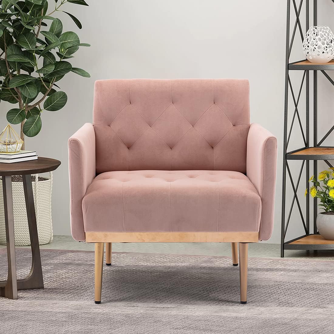 SLEERWAY Modern Velvet Single Sofa Chair, Upholstered Accent Living Room Chair, Comfy Armchair with Rose Golden Metal Legs, Tufted Chair for Reading or Lounging (Pink) : Home & Kitchen