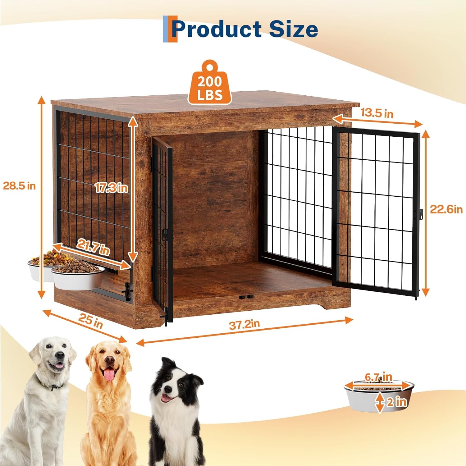 Dog Crate Furniture, 38" Double Doors Indoor Decor Pet House Cage, Wooden Dog Kennel with 360°& Adjustable Raised Dog Bowls,Indoor Pet End Tables with Storage Platform for Large/Medium Dog