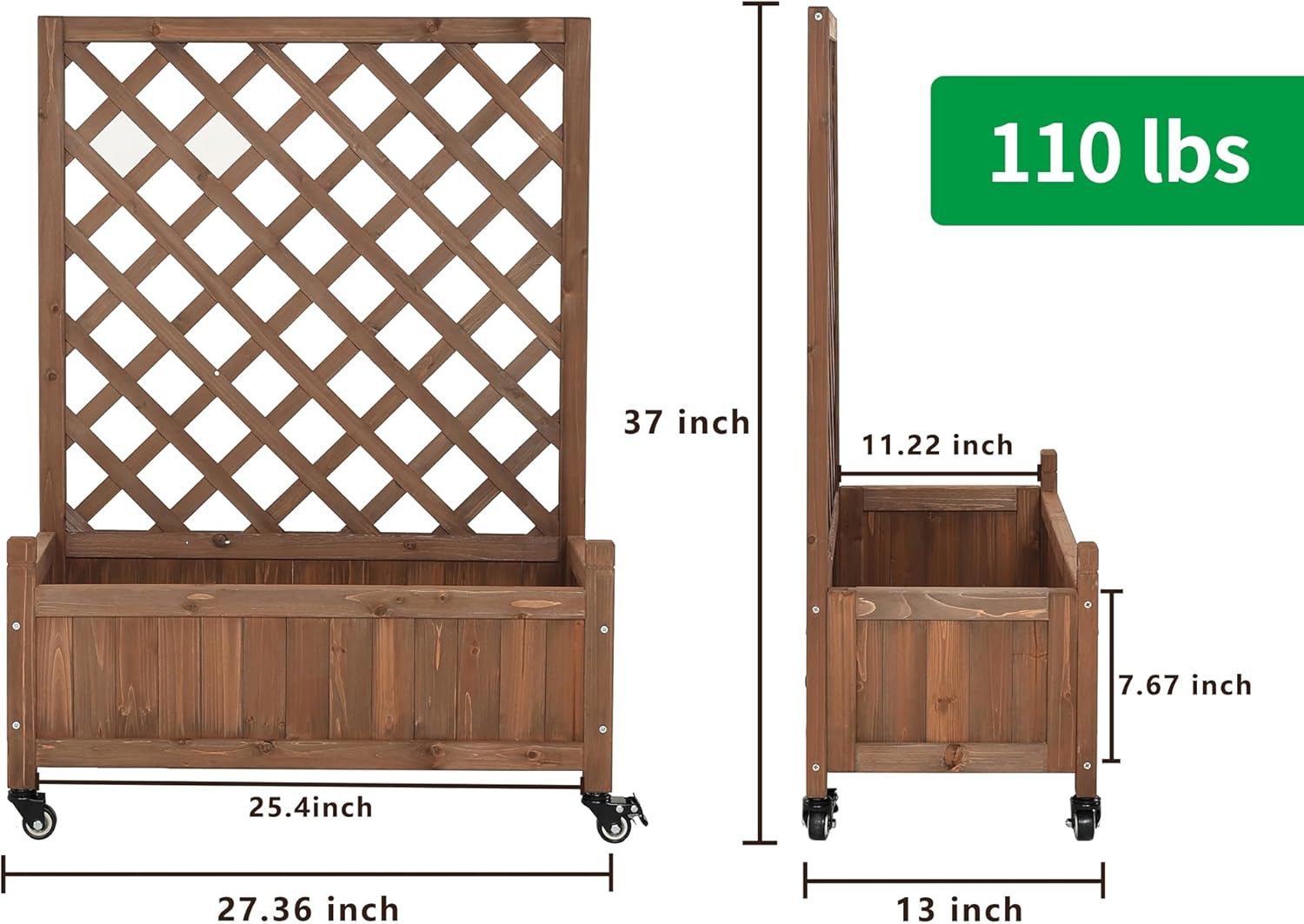 2 Pcs Wooden Planter Boxes with Trellis: Four Universal Wheels for Easy Mobility, 37.6" H x 27.5" W x 13" D,Perfect for Outdoor Climbing Plants on Patios, Balconies & Gardens