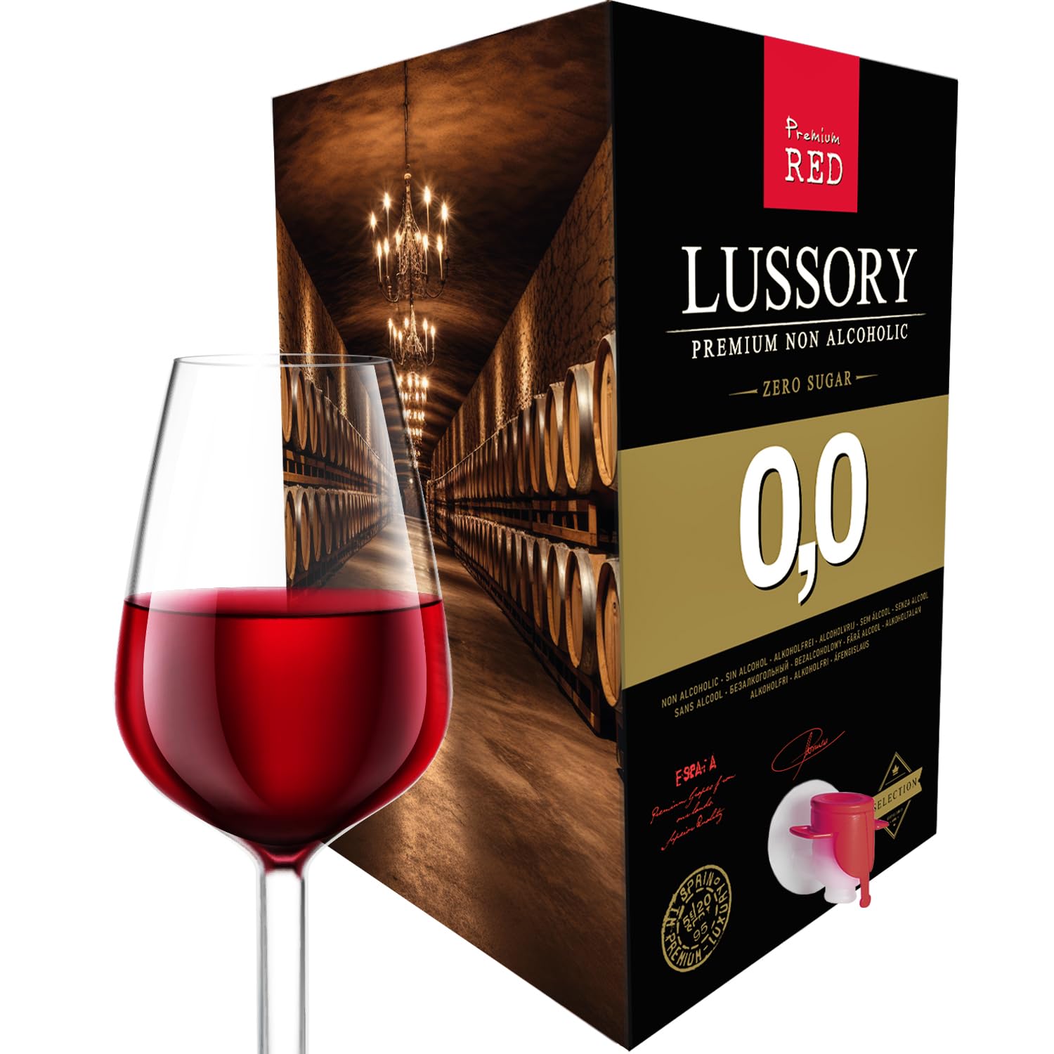 Vino Rosso SENZA ALCOL 0,0 - LUSSORY PREMIUM | Bag in Box 10 L | Equivalente a più di 13 bottiglie da 750 ml | Formato risparmio con rubinetto | SENZA zucchero, SENZA alcol, BASSO contenuto calorico