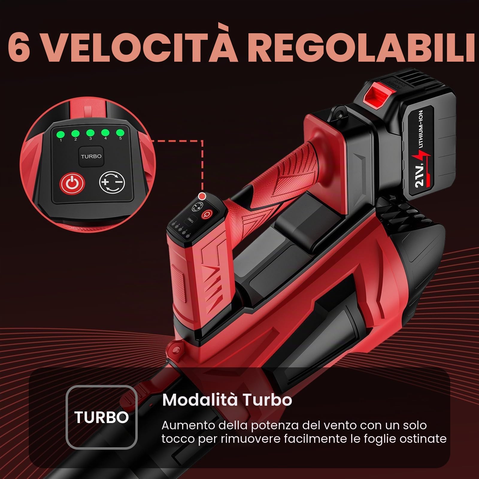 IERAKOR Soffiatore a Batteria 21V, 360 km/h & 2 Batterie 4500mAh | Soffiatore a Batteria Potente, Soffiatore Foglie, Motore Brushless, 5 Velocità + Turbo, 3 Tubi, Tracolla, Compatibile 18V