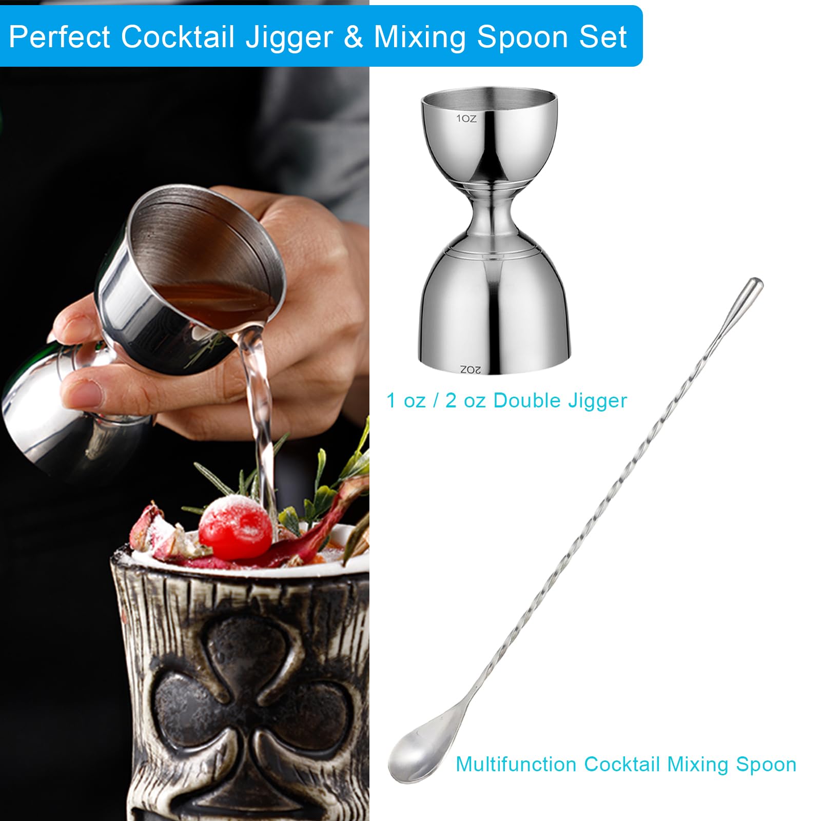 Measuring Jigger & Mixing Spoon Set, Cocktail Jigger for Bartending,Bell Jigger with 1oz and 2oz Measuring Marks, Cocktail Measuring Jigger with Cocktail Spoon,Cocktail Mixing Spoon,bar Mixing Spoon