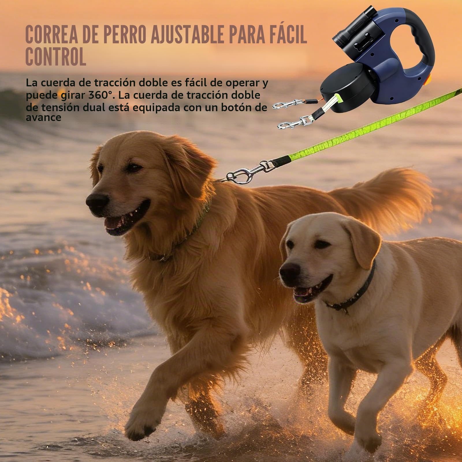 BAIFULAI Correa retráctil para 2 perros, correa doble de 3 m para 2 perros con luz, mango antideslizante, extensible, para perros pequeños y medianos (azul)