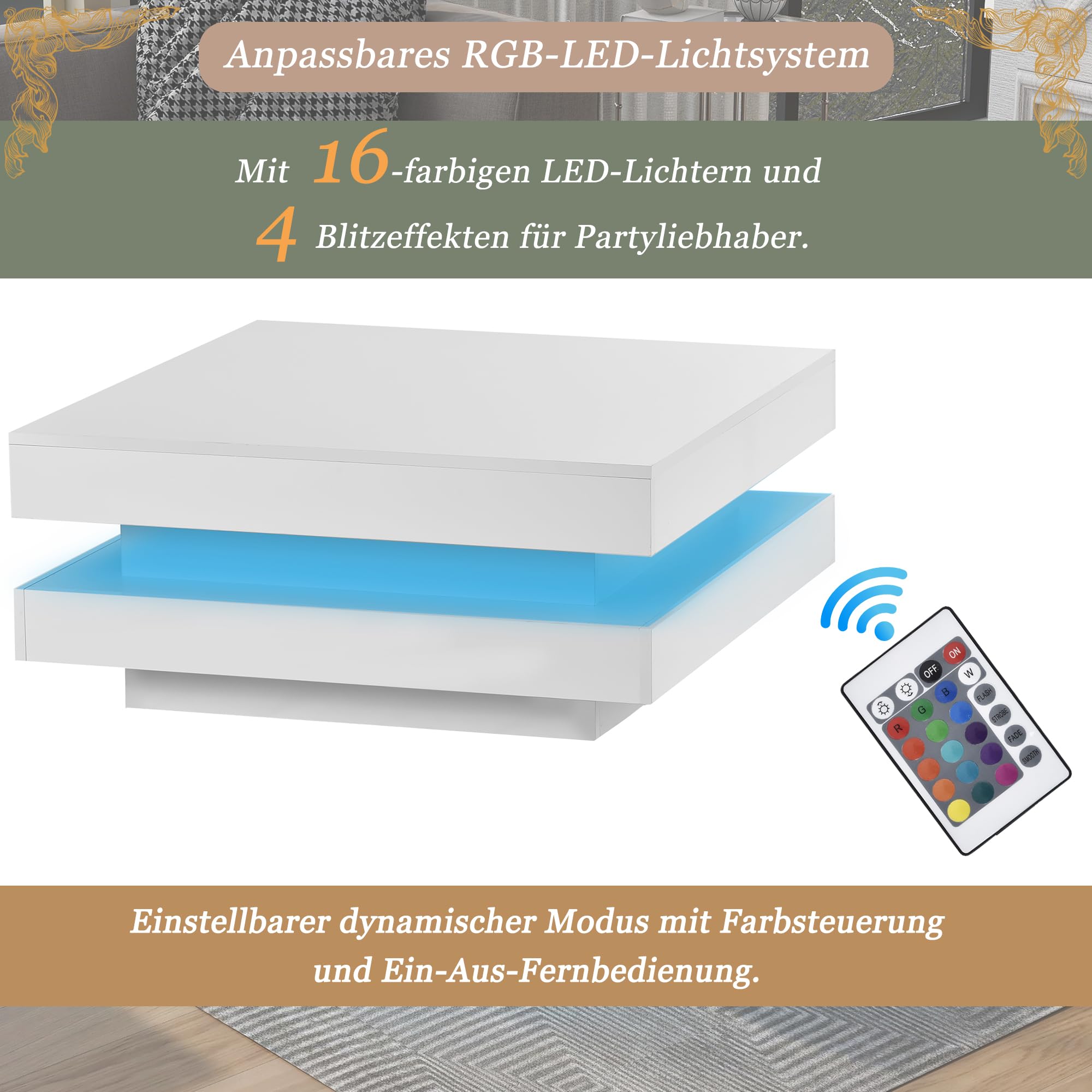 Merax Couchtisch Wohnzimmertisch Weiß Hochglanz, quadratischer Sofatisch mit LED Beleuchtung, Moderner Kaffeetisch Coffee Table für Wohnzimmer Büro Empfang, Bluetooth-Steuerung, 70x70x36cm