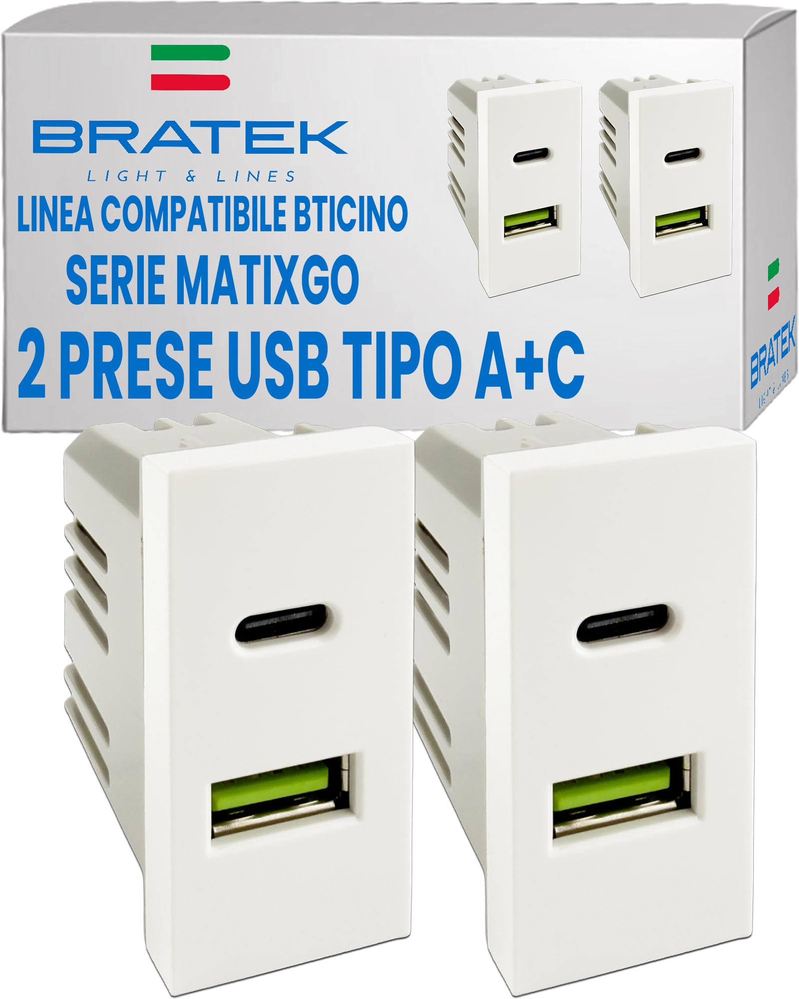 Bratek 2x Toma USB Compatible MatixGO - Doble Puerto USB, Tipo A + Tipo C