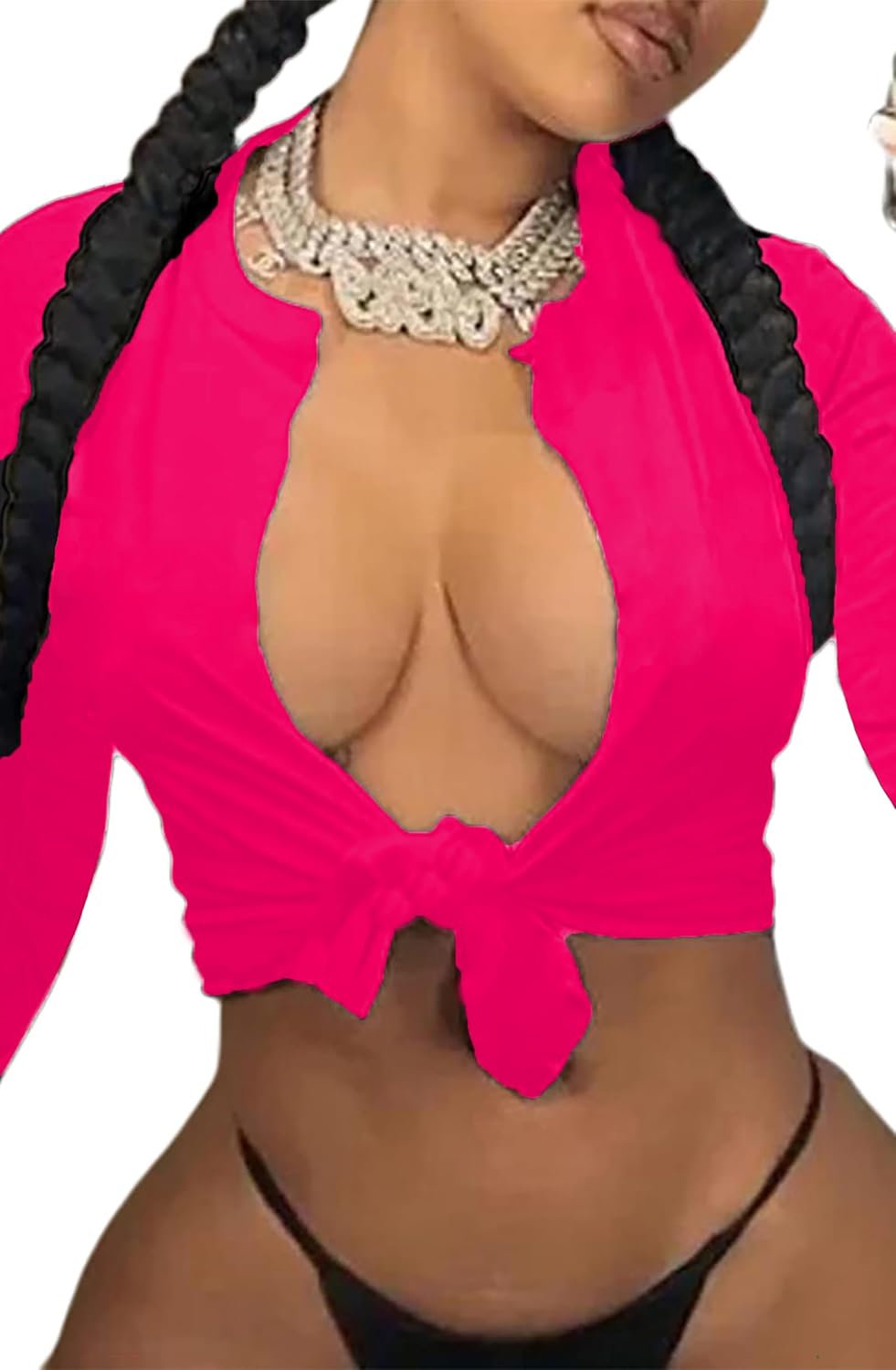 Sexy Tie-Front Tops for Women Clubwear Long-Sleeve Deep V-Neck Crop Top Basic Low Cut Shirts Trendy - Image 3