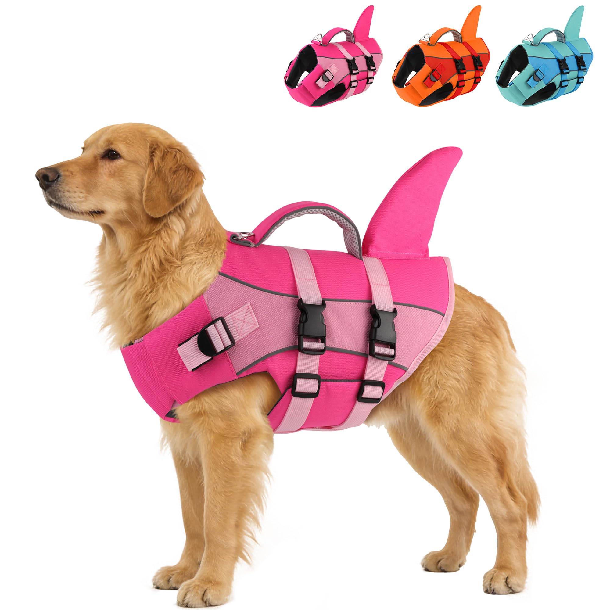PETDSH Gilet de sauvetage pour chien, gilet de sauvetage en forme de requin pour la natation et la navigation avec flottabilité supérieure et poignée de sauvetage (rose, taille XL)