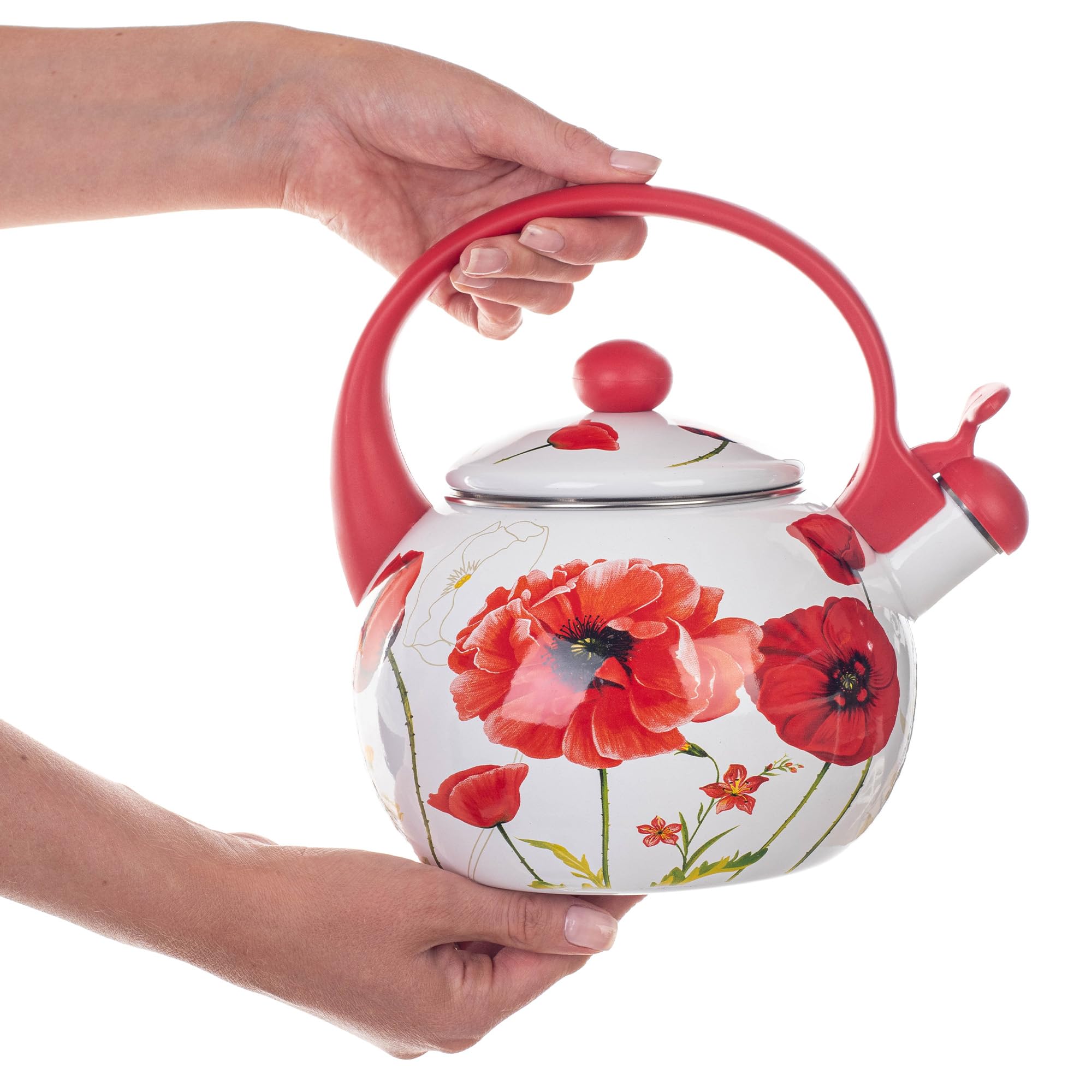 KADAX Bouilloire Sifflante en Acier 2.2L, Théière Émaillée pour Cuisinières à Induction et à Gaz, Dotée d'une Poignée Ergonomique et d'un Sifflet Intégré (Fleurs rouges)