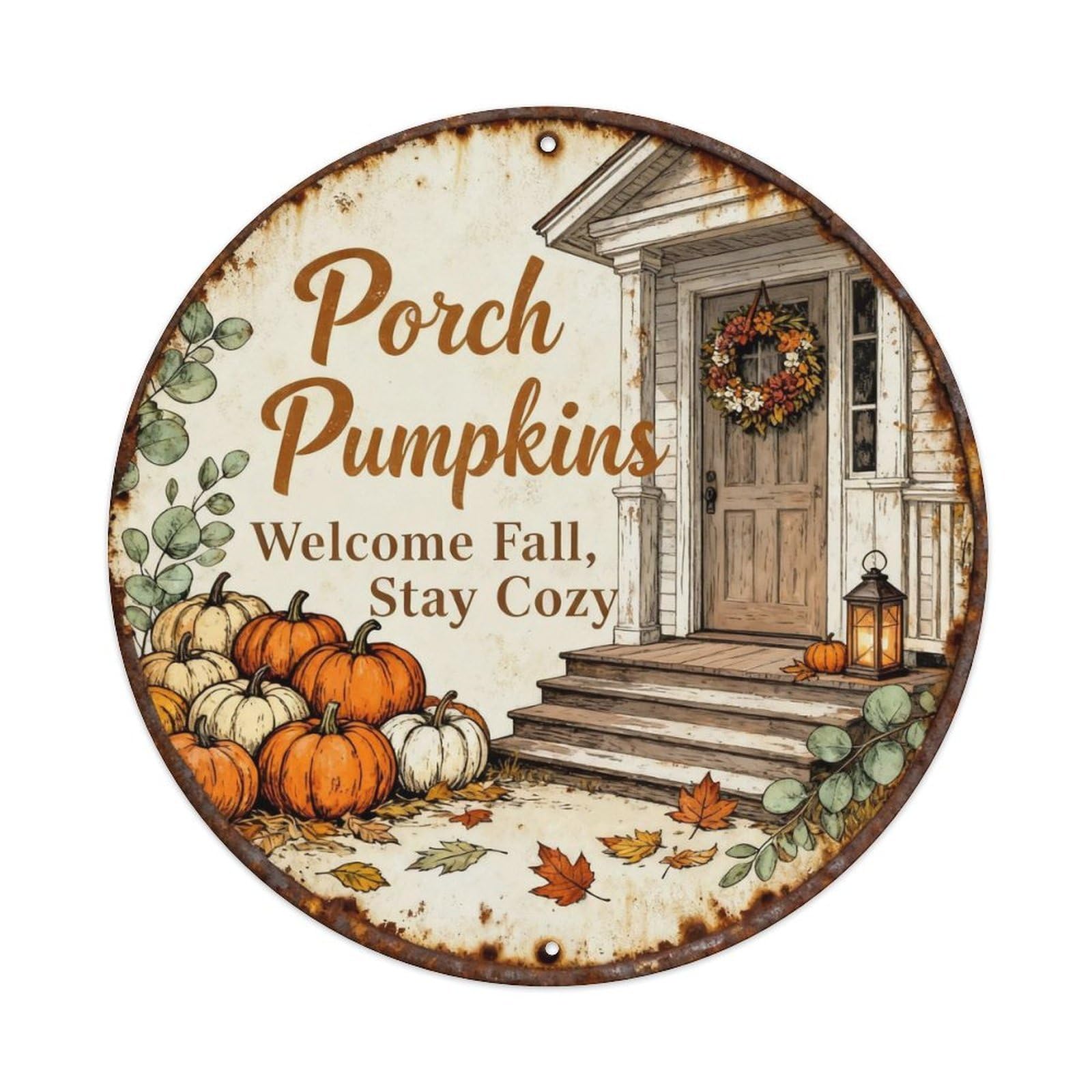 Porch Pumpkin Autumn Welcome Decor Metal Tin Sign Plaque