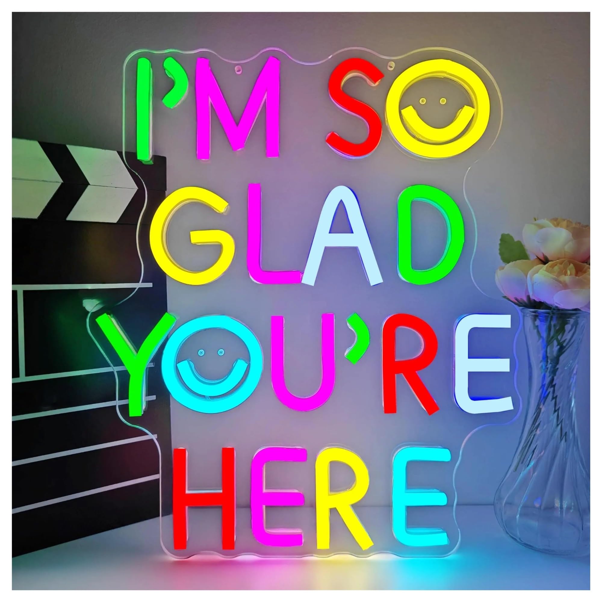 RONGCH Hanging Art Neon Signs I'm So Glad You're Here Neon Sign Light Dimmable for Teacher Back to School Season Wedding Party Store Home Decor 41cmx34cm