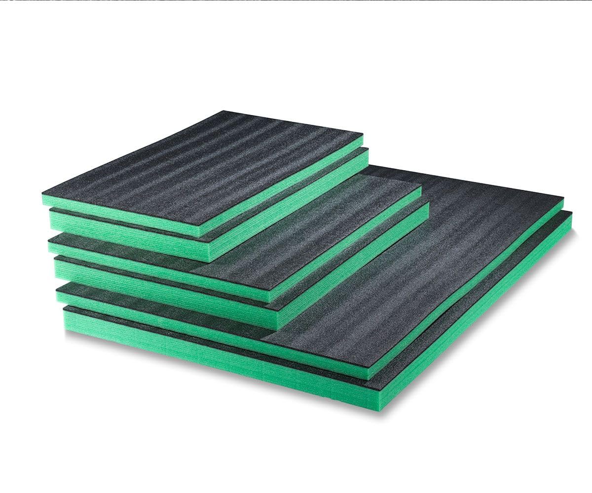 Schiuma multistrato 1200 x 800 mm, ad alta densità, personalizzabile, per imballaggio, protezione e organizzazione sicuri, ideale per cassette degli attrezzi e attrezzature sensibili (verde, 50 mm)