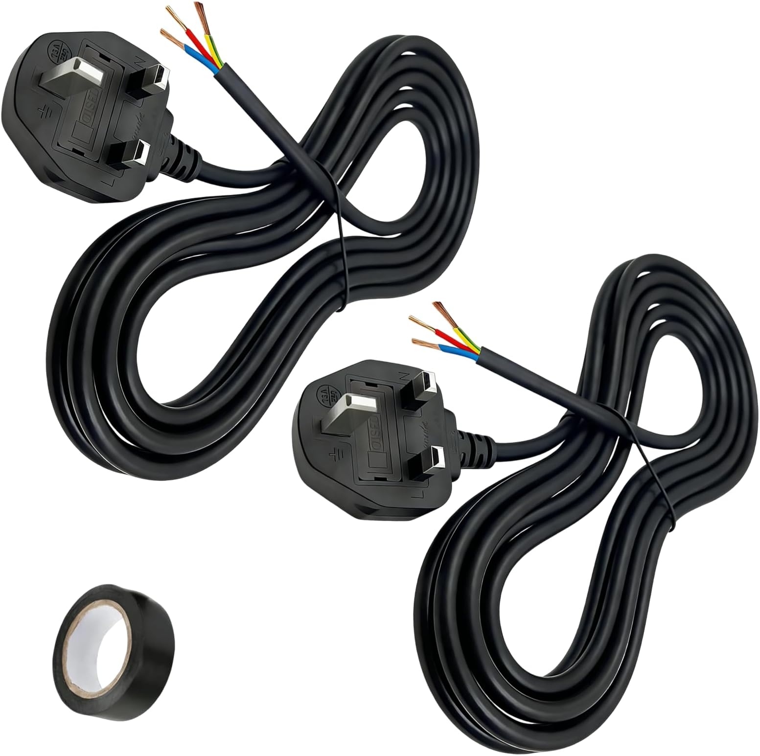 2 Pack 10 Amp Plug UK, with Insulating Tape, 3 Core Electrical Cable with 10A Fused, Compliant with BS-1363 Standard, 1.5 Metre (4.9ft) UK Plug Power Cord Compatible with Various Electrical Equipment