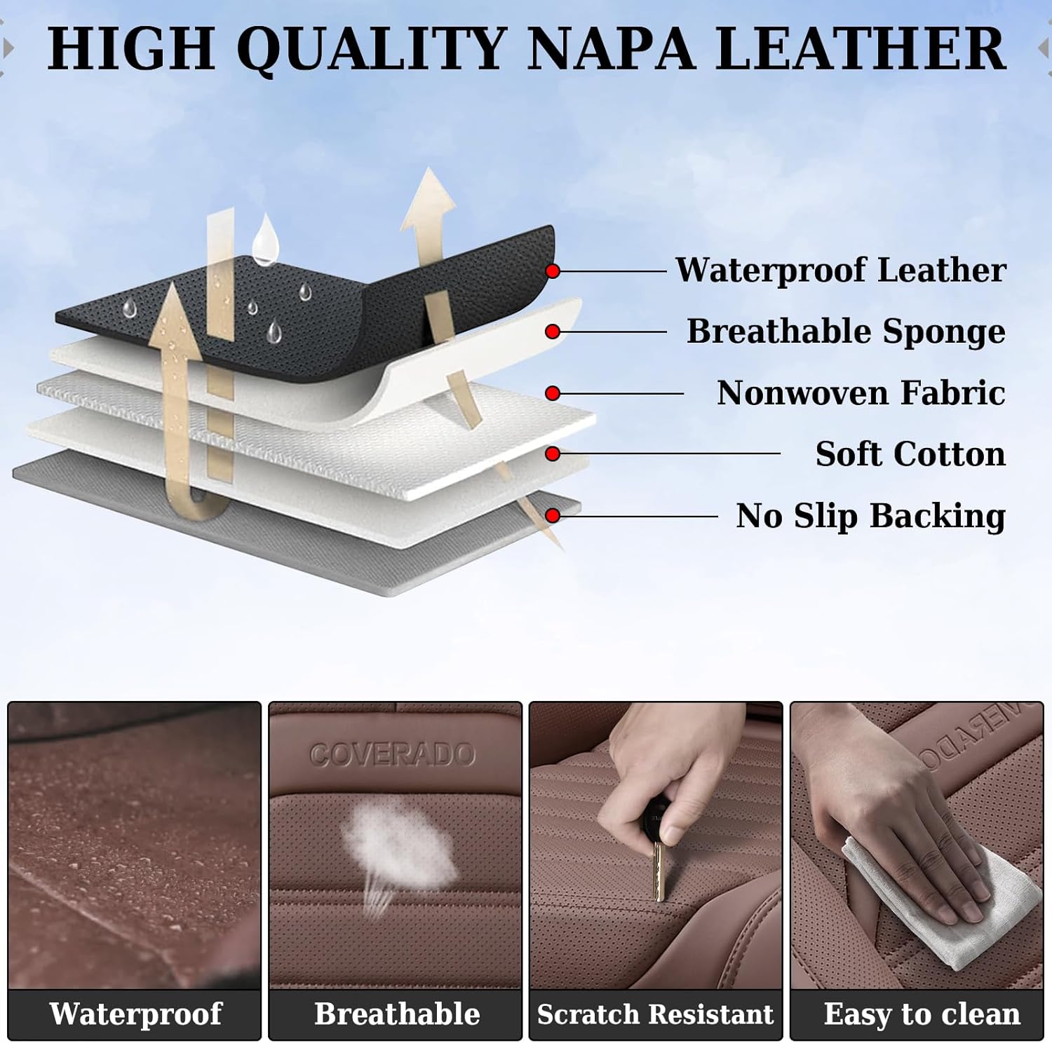 Car Seat Covers Full Set, Brown Seat Covers for Cars, Automotive Seat Covers, Waterproof Nappa Leather Front Seats and Back Car Seat Protector, Universal Fit for Most Cars SUV Trucks