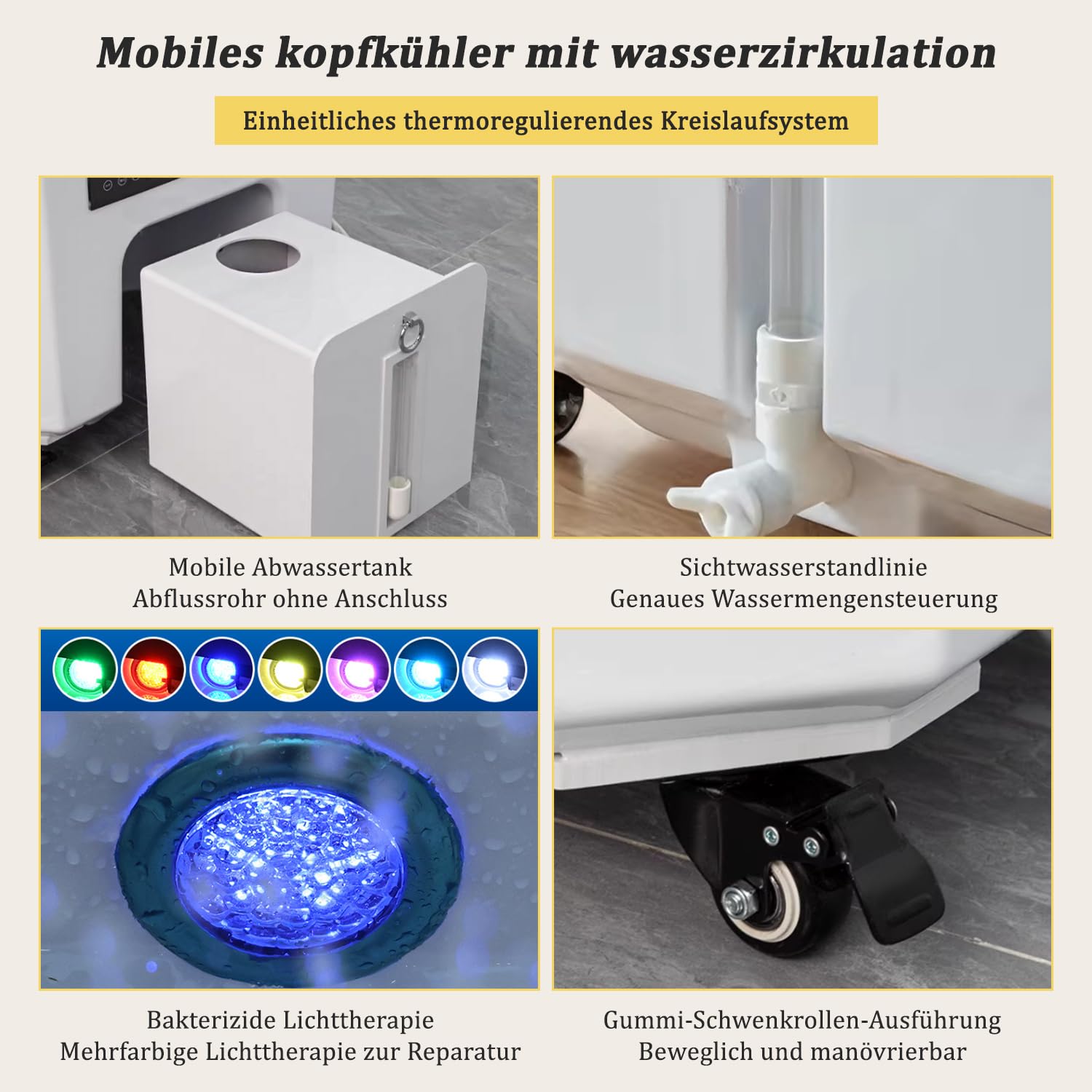 head spa umywalka, japońskie wyposażenie spa, mobilny szampon ze zbiornikiem na wodę 60 l, 4 uniwersalne kółka, miska do szamponu, kolor biały