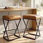 Counter Height Bar Stools Set of 2, 26" Bar Stools for Kitchen Island, Faux Leather Upholstered Seat with Footrest, Sturdy Metal Frame Backless Counter Stools Walnut Brown