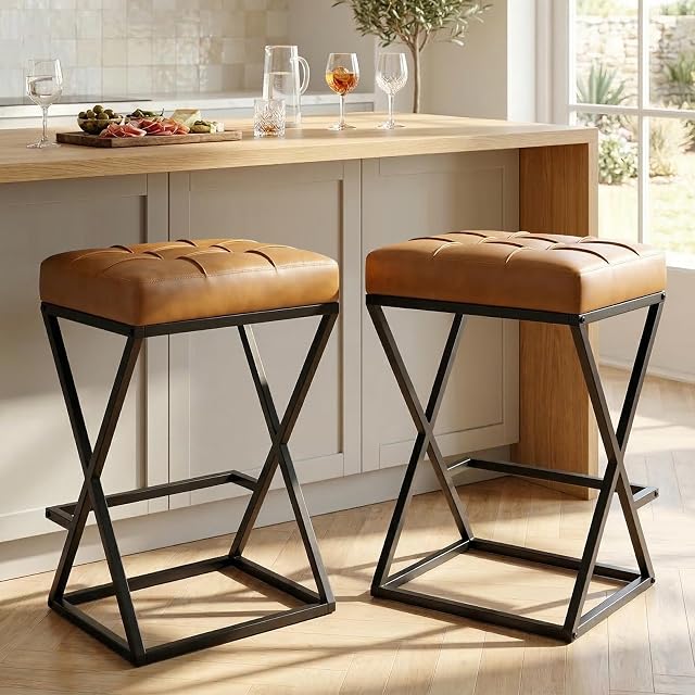 Counter Height Bar Stools Set of 2, 26" Bar Stools for Kitchen Island, Faux Leather Upholstered Seat with Footrest, Sturdy Metal Frame Backless Counter Stools Walnut Brown
