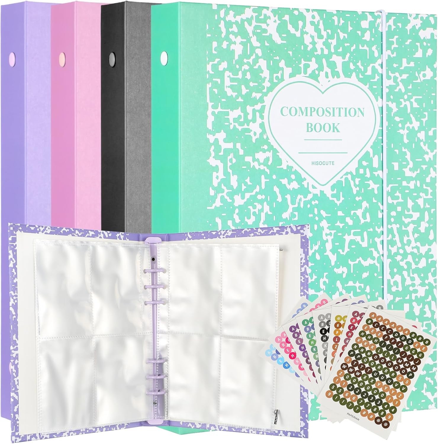 Honoson 4 Pcs A5 Kpop Photocard Binder Album with 20 Pcs 160 Pockets Kpop Photocard Sleeve 6 Ring Inner Refills and Stickers Holder Book for Picture Card Storage(Patchy Pattern)