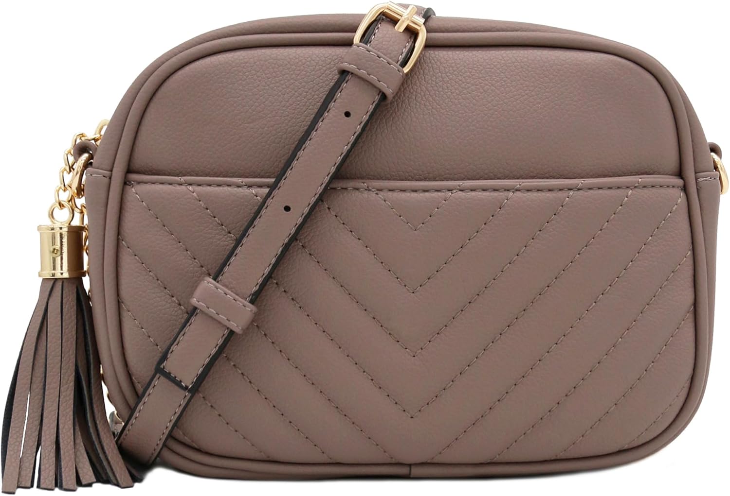 FashionPuzzle Chevron Quilted Crossbody Camera Bag with Chain Strap and Tassel