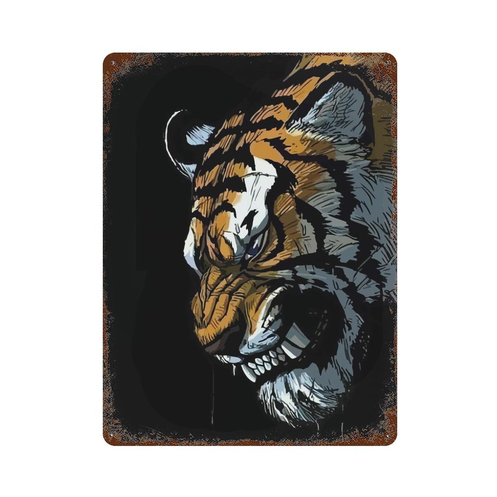 Tiger Weathered Tin Sign 15.7"x11.8", Rustic Home Decor for Office, Studio And Wall Decor