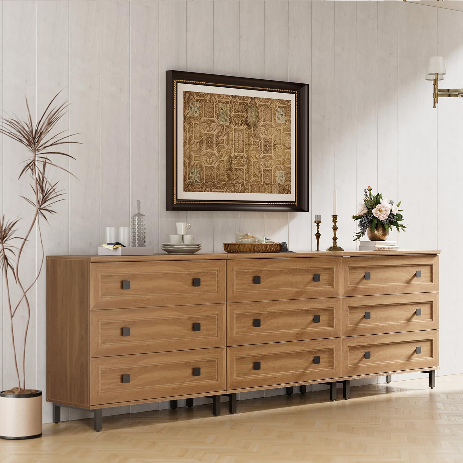 FENSULN Modern Dresser for Bedroom with 9 Drawers, 3 in 1 Wooden Chest of Drawers with Organizer Storage for Bed Room,Livingroom Hallway Oak