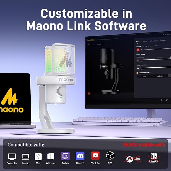 MAONO Wireless Microphone for PC, USB Gaming Mic with 6 Modes AI Voice Changer, 48kHz/24bit, 40H Battery, Intelligent Noise Reduction, RGB, One-Click Mute for Computer Podcast Recording Streaming,DM40