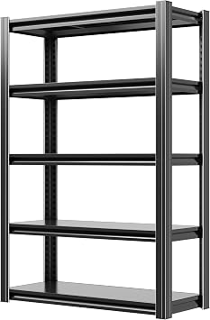 60" H Garage Shelves, Garage Shelving Heavy Duty, 3000Lbs 5 Tier Adjustable Garage Storage Shelves Suitable for Warehouse, Basement, Workshop,Require Assembly, 12.01" D*27.56" W *60" HBlack