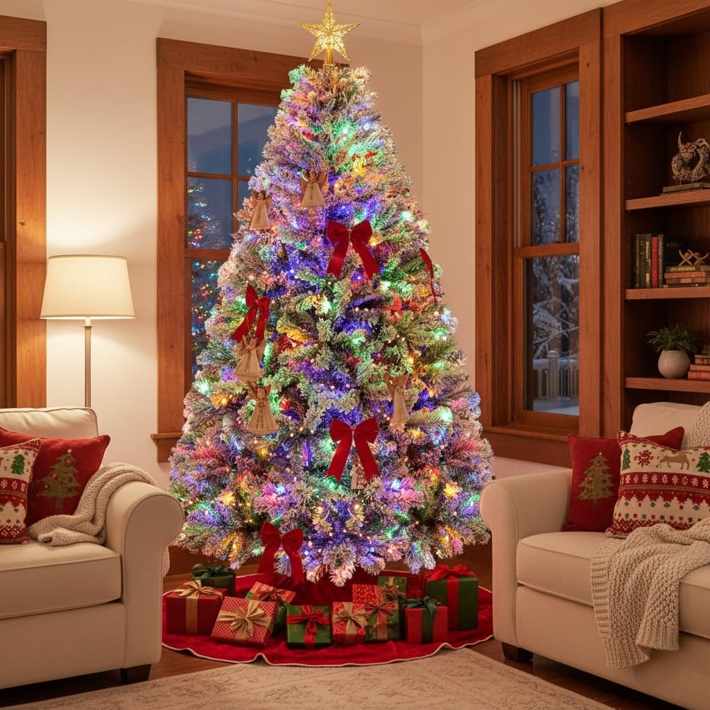 180cm Sapin de Noël Artificiel Enneigé 250 LED RGB Premium Arbre de Noël avec Support Métallique Pliable 1000 Pointes de Branches Décoration Festive Blanc 2025