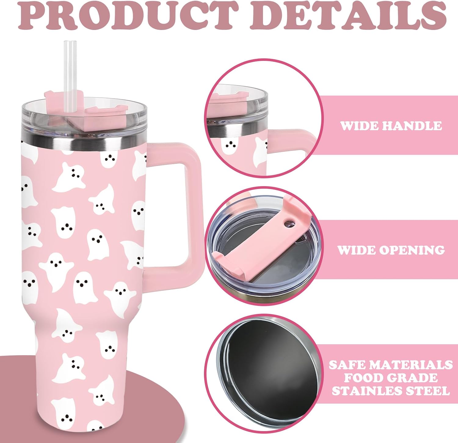 JarThenaAMCS Halloween Ghost Tumbler with Lid Straw 40 Oz Pink Cute Ghost Stainless Steel Cup with Handle Travel Coffee Tumbler for Home Office Party Classroom - Image 3