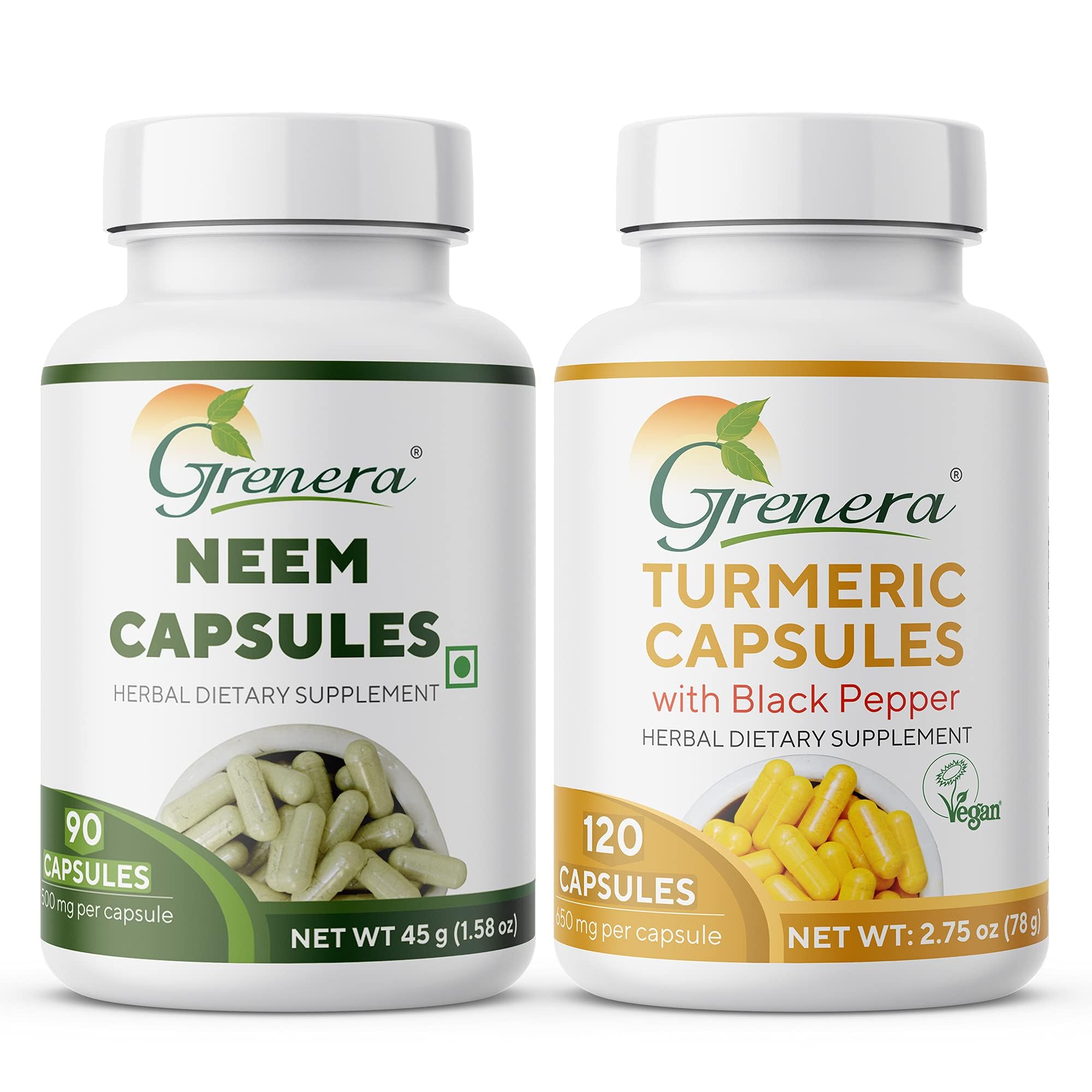 Grenera Neem Capsules 90 no, Turmeric Capsules 120 nos | Made with pure neem leaf powder and turmeric powder, black pepper powder (B09BJQB674) Amazon Price History, Amazon Price Tracker