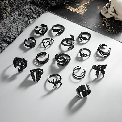 16-20 PCS Gothic Ring Set for Women Men Vintage Black Snake Spider Bat Wing Ring Dark Style Halloween Ring Chunky Stackable Adjustable Y2k Statement Ring Halloween Party Jewelry