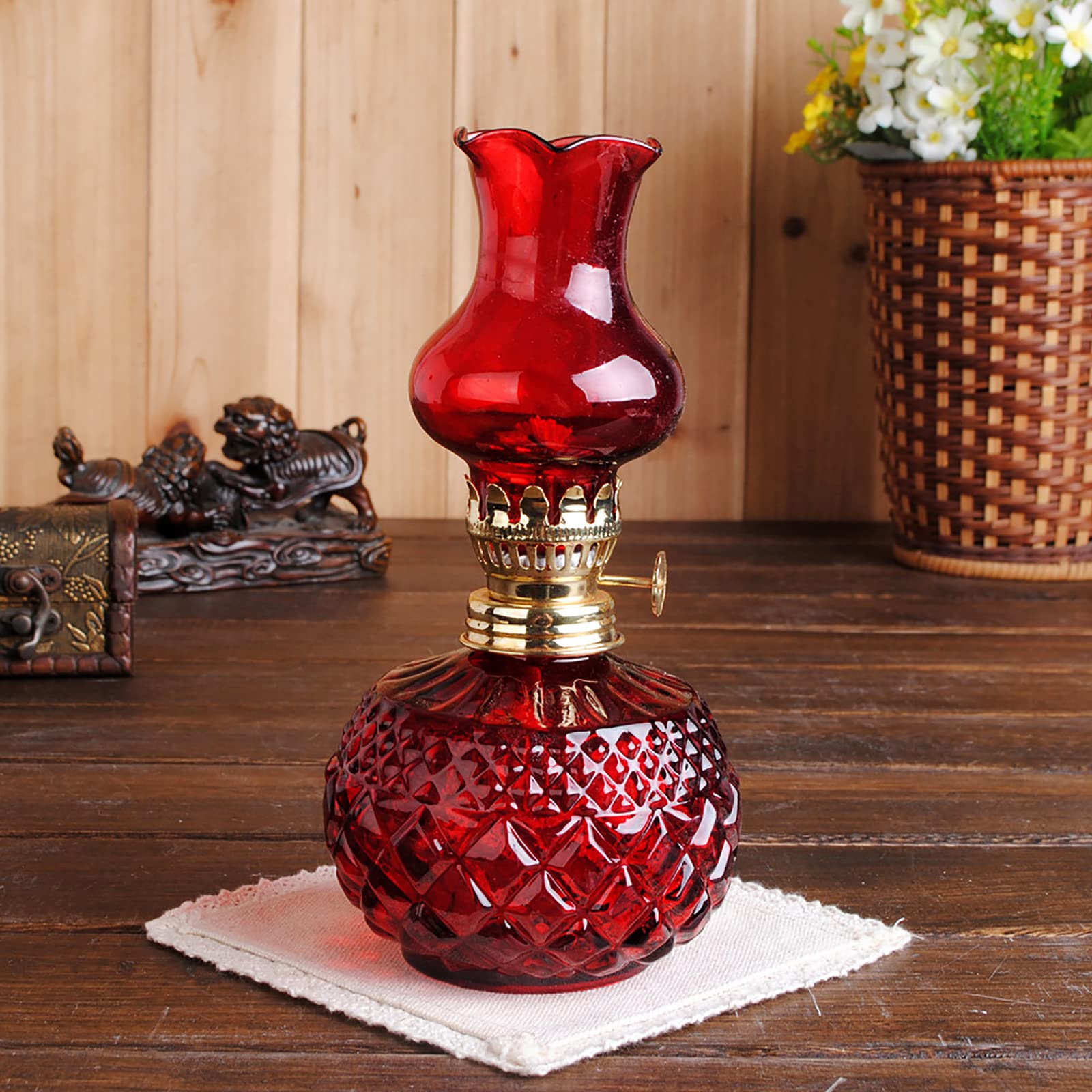 Translucence Glass Oil Lamp Decorative Translucence Barn Lantern Adjustable Switch Kerosene Lamp for Indoor Room Office Use Decor Lighting (Red, 18.5cm*11cm)