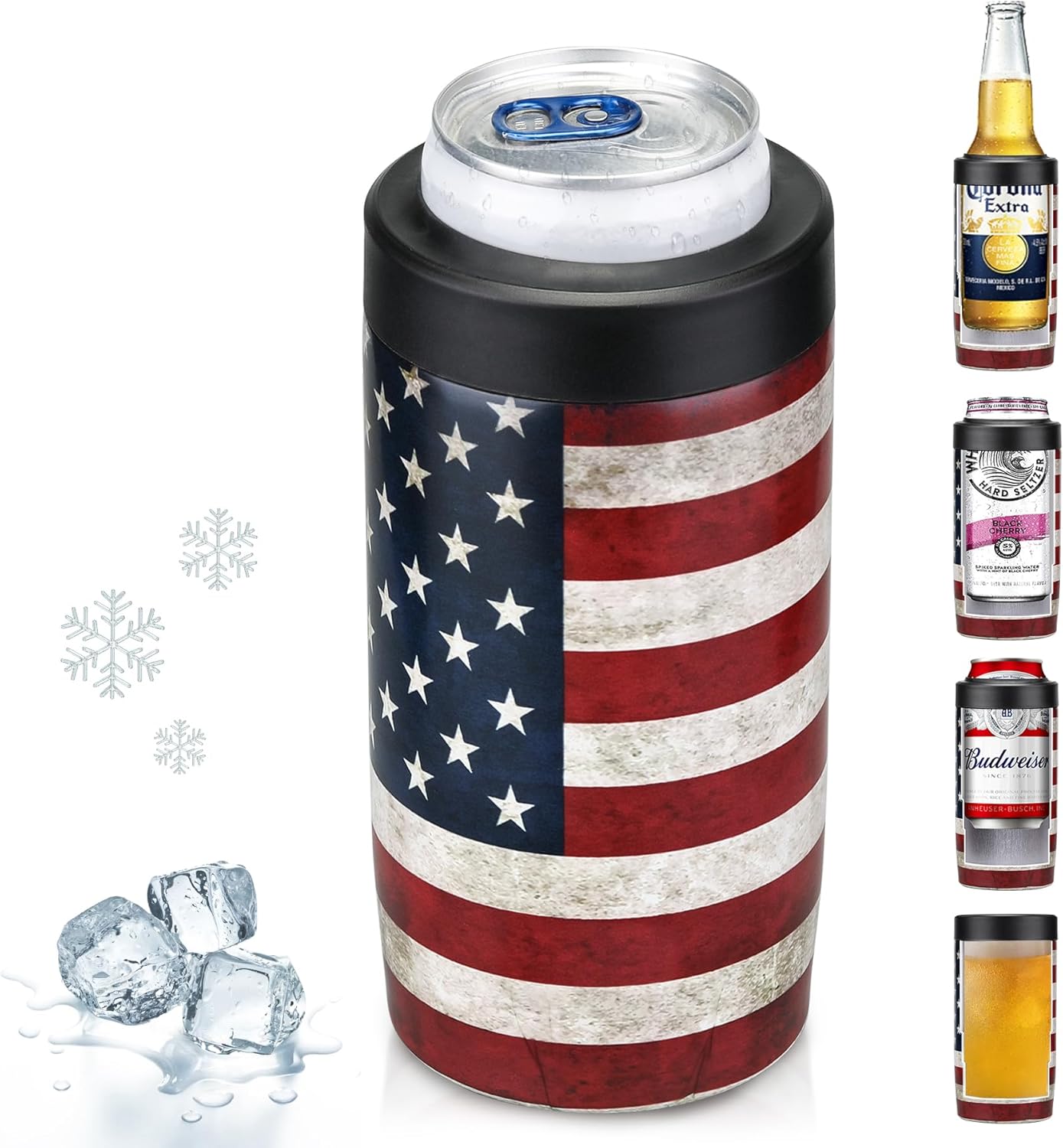 Maxso Slim Can Cooler, 4-in-1 Double Walled Stainless Steel Insulated Beer Can Holder, Works With All 12 Oz Cans,Bottles & As A Pint Cups - America Flag
