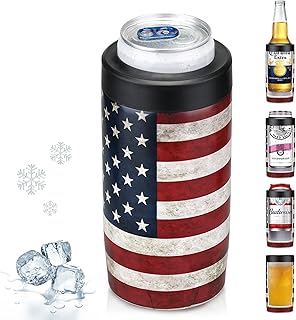 Maxso Slim Can Cooler, 4-in-1 Double Walled Stainless Steel Insulated Beer Can Holder, Works With All 12 Oz Cans,Bottles & As A Pint Cups - America Flag