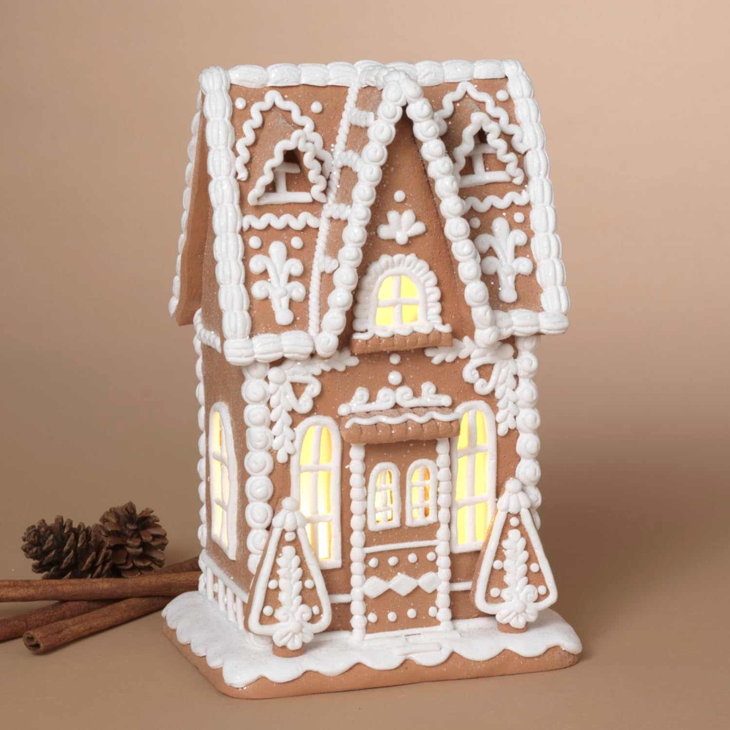 One Holiday Way 10-Inch Lighted Brown & White Faux Gingerbread House Decor - Neutral LED Light Up Clay Dough Christmas Village House Xmas Decoration