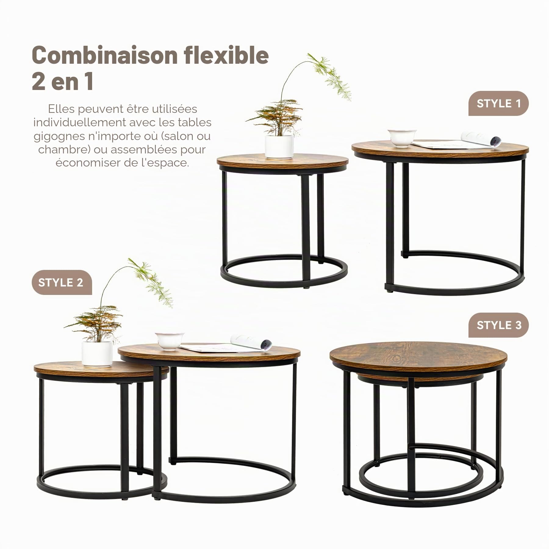 Hawthyhome Lot de 2 Tables d'appoint Rondes, en Bois avec Cadre en métal, Tables Basses Modernes pour Salon, Chambre à Coucher, Marron