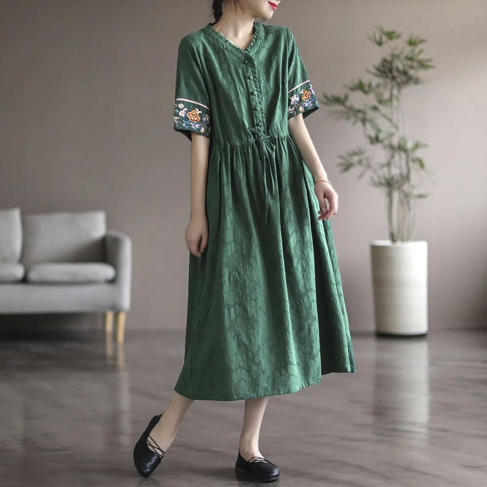 Vestido Largo Casual de Corte A con Mangas Bordadas, Vestido de Verano con Bordado Floral